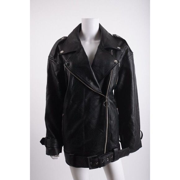 We Wore What Womens Black Oversized Biker Jacket Coat M Faux Leather Heavy - Picture 1 of 7